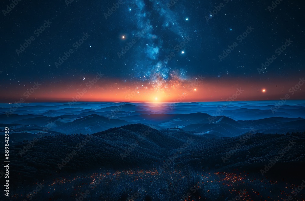 Naklejka premium The stars at the top paint a dreamy night sky, and Ball's star, Meg CJ, and Taurus show interstellar details. The starry night sky over the mountains, where stars like Bohr could be seen on the distan