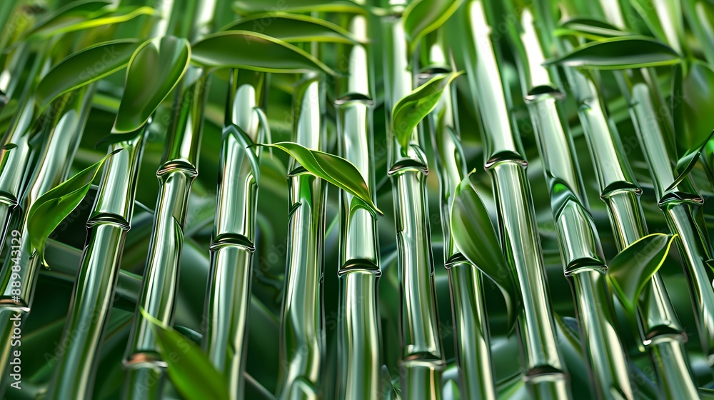 Fototapeta premium Close-up of fresh green bamboo stalks and leaves, showcasing their natural beauty and texture. Perfect for themes related to nature, tranquility, and sustainable design projects.