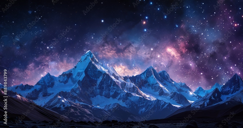 The starry night sky on the mountain, stars like Boer can be seen on the distant horizon, the top of the stars paint the dream night sky, Boer star, Meg CJ and Taurus in the interstellar fine painting