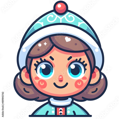 Cartoon Snow Maiden with a friendly smile, flat colors