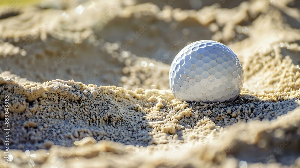 Close-up of a golf ball in a sand bunker, capturing the challenge and precision of the sport. Ideal for sports, recreation, and golfing-themed design projects. Close-up of a golf ball in a sand bunker, capturing the challenge and precision of the sport. Ideal for sports, recreation, and golfing-themed design projects.