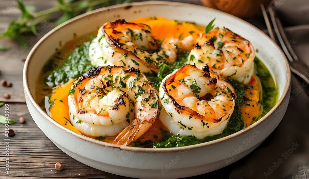 Gourmet dish of grilled shrimp served on a bed of spinach and creamy sauce, garnished with fresh herbs. Perfect for culinary, gourmet, and food-related design projects.