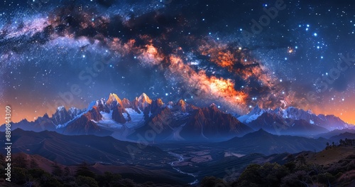 The starry night sky on the mountain, stars like Boer can be seen on the distant horizon, the top of the stars paint the dream night sky, Boer star, Meg CJ and Taurus in the interstellar fine painting