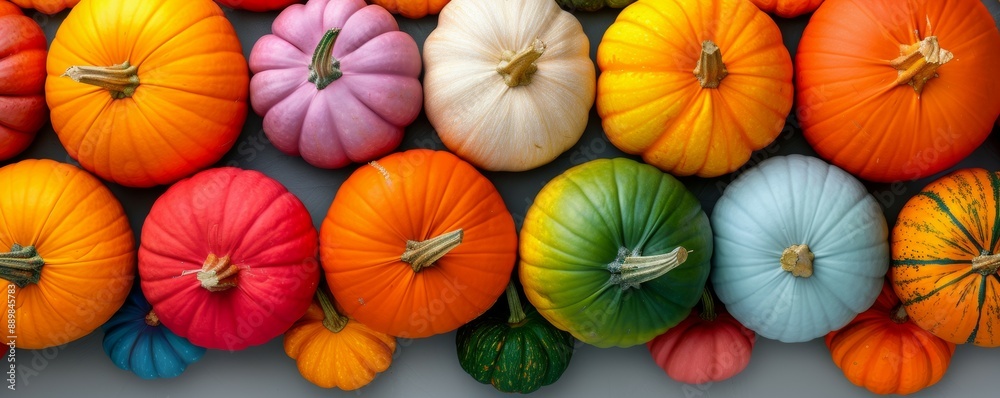 A row of colorful pumpkins with a blue one in the middle