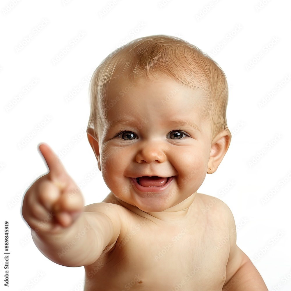 Adorable baby smiling and pointing with his finger against a clean white background, Perfect for themes of happiness, curiosity, and youthful innocence Adorable baby smiling and pointing with his finger against a clean white background, Perfect for themes of happiness, curiosity, and youthful innocence