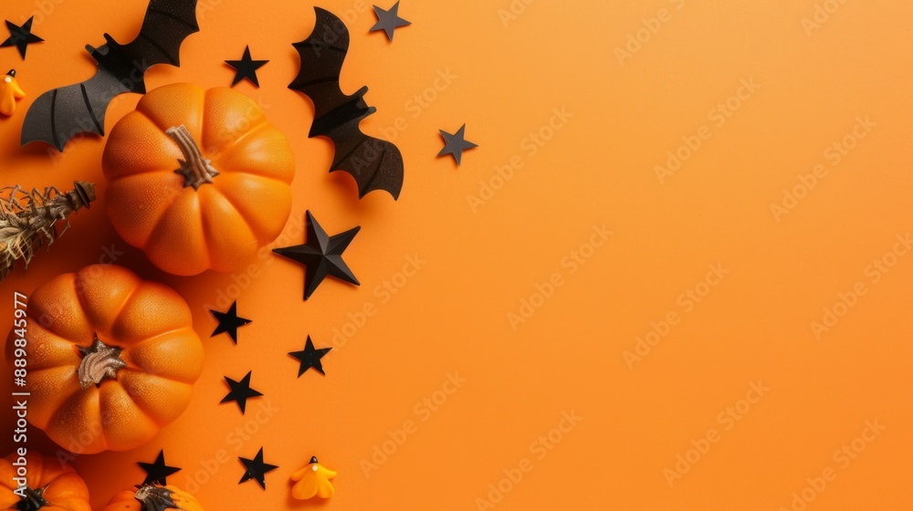 A Halloween themed background with orange pumpkins and black bats A Halloween themed background with orange pumpkins and black bats