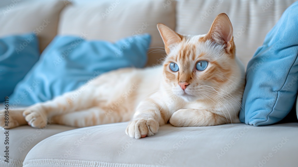 Blue-eyed Siamese cat lounging on a cream sofa with blue pillows, elegant and poised Blue-eyed Siamese cat lounging on a cream sofa with blue pillows, elegant and poised