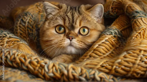 Fototapeta Scottish Fold cat wrapped in knitted blanket, cozy home setting
