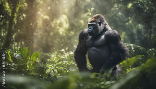 A silverback gorilla standing in a lush rainforest clearing, sunlight streaming through the canopy  © abu