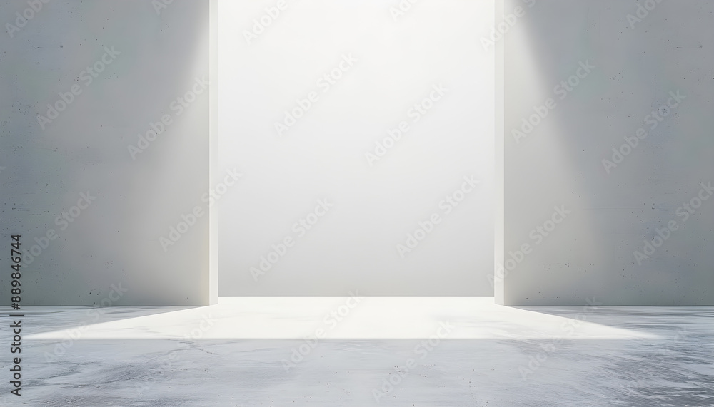 Minimalist white interior with bright open doorway casting natural light. Perfect for modern design, architecture, or futuristic concepts. Ideal copy space.