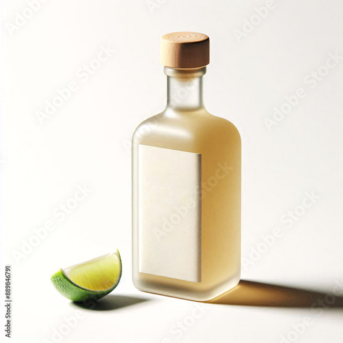 Bottle of tequila with a lime, product shot photo