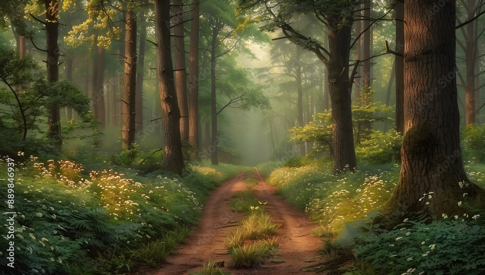 Obraz premium Peaceful forest path in lush greenery, ideal for nature themes, wellness content, travel blogs, and seasonal promotions. Rich in natural light and vibrant hues.