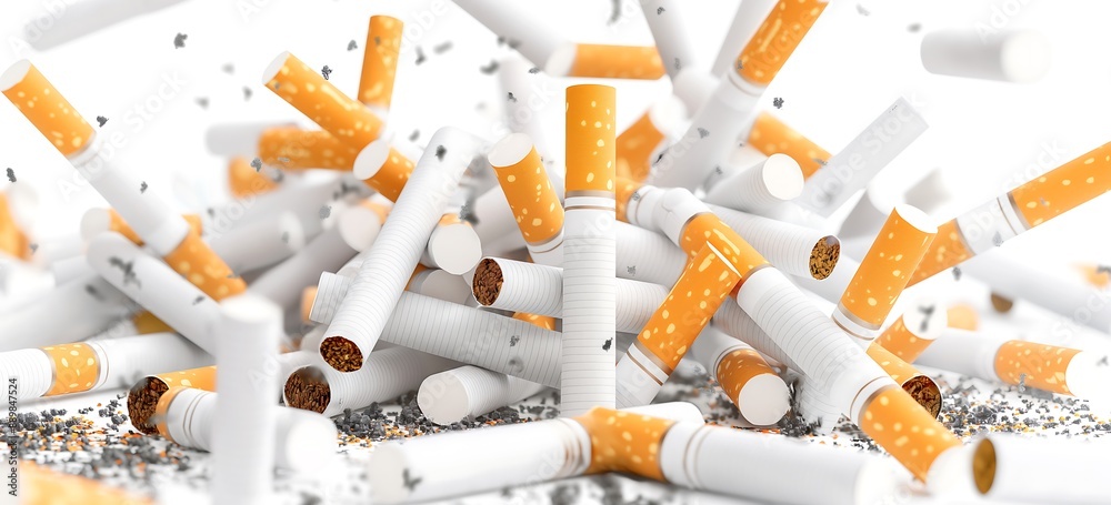 A large pile of cigarettes, white and orange in color, arranged neatly on top of each other, with some scattered between them A large pile of cigarettes, white and orange in color, arranged neatly on top of each other, with some scattered between them