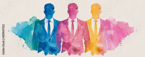 Colorful abstract painting of three men in suits, blending blue, pink, and yellow hues, symbolizing diversity and creativity.