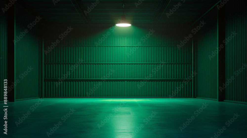 Fototapeta premium Dimly lit industrial storage room with green lighting, showcasing a spacious and empty interior with vertical corrugated metal walls.