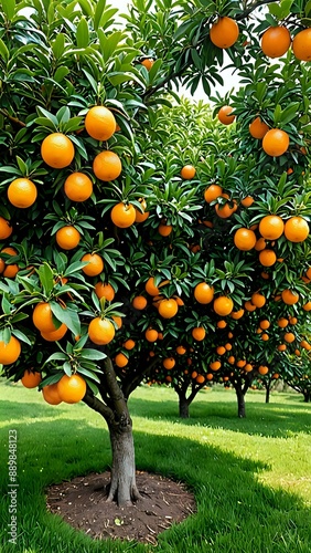 Orange tree with ripe fruit hanging from branches.