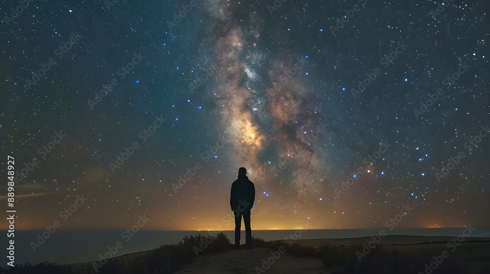 Silhouette of a person gazing at the vibrant Milky Way galaxy in a serene night sky, perfect for stargazing, astronomy, or inspirational campaigns. Copy space available. Silhouette of a person gazing at the vibrant Milky Way galaxy in a serene night sky, perfect for stargazing, astronomy, or inspirational campaigns. Copy space available.