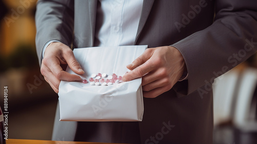 Purple Glove Pharmacist Holding Medication Bag