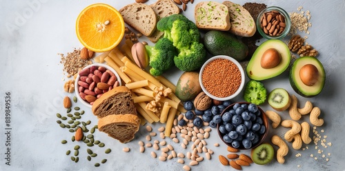 High-fiber foods including whole grains, fruits and vegetables, rich in corn, rope, breads, pastas, avocados, blueberries, dried beans, nuts, chia seeds and broccoli.