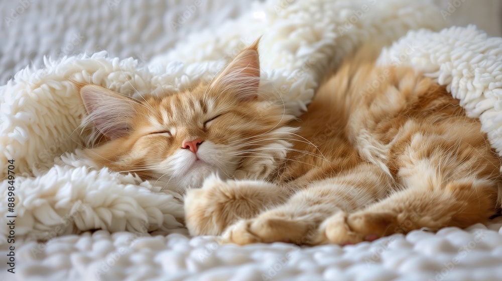 Orange Maine Coon kitten sleeping on a fluffy white blanket, cozy setting Orange Maine Coon kitten sleeping on a fluffy white blanket, cozy setting