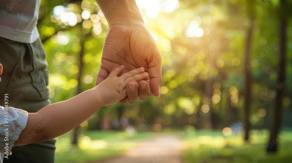 A parent holding a childs hand, offering reassurance copy space, trust theme, dynamic, composite, park setting, copy space for text, A parent holding a childs hand, offering reassurance copy space, trust theme, dynamic, composite, park setting, copy space for text,