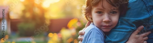 A parent comforting a child with kind words and a gentle touch selective focus, love theme, vibrant, fusion, backyard backdrop, copy space for text, photo