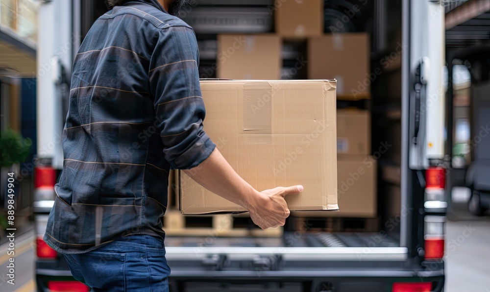 A man is carrying a box out of a truck A man is carrying a box out of a truck