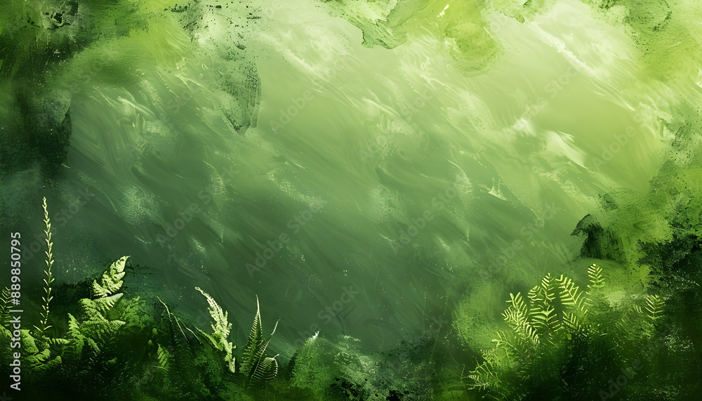 Obraz premium Lush green forest foliage with vibrant leaves and ferns, perfect background with copy space for nature-themed projects, eco campaigns, and serene designs.