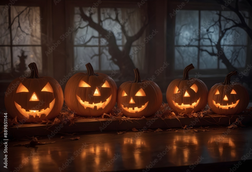 Obraz premium Halloween witch, skull and pumpkin, dark theme