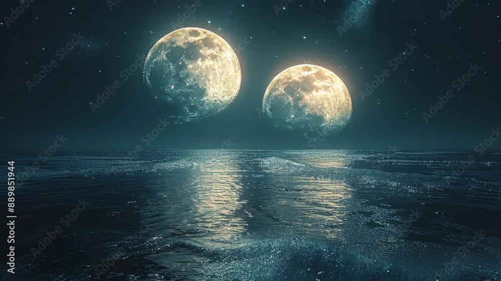 Two moons in the sky, milky way, reflection on water surface, fantasy landscape, minimalist design, space for text, wide angle lens, hyper realistic Two moons in the sky, milky way, reflection on water surface, fantasy landscape, minimalist design, space for text, wide angle lens, hyper realistic