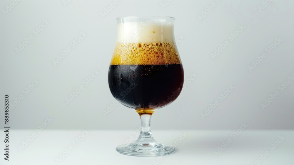 Dark beer in a glass against a white backdrop Dark beer in a glass against a white backdrop
