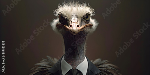 A humorous ostrich portrait in a business suit, perfect for business metaphors, marketing campaigns, and creative presentations. Highlighting humor and professionalism.