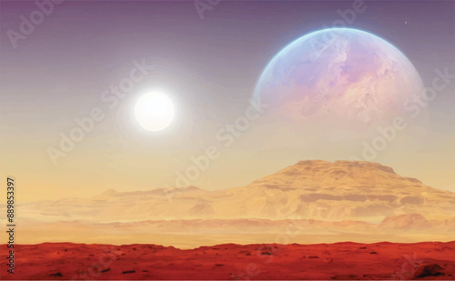 realistic vector illustration of science fiction cinematic  planet with  blue, purple and yellow sky with sun, moon, red rock and sand desert surface and mountains in distance