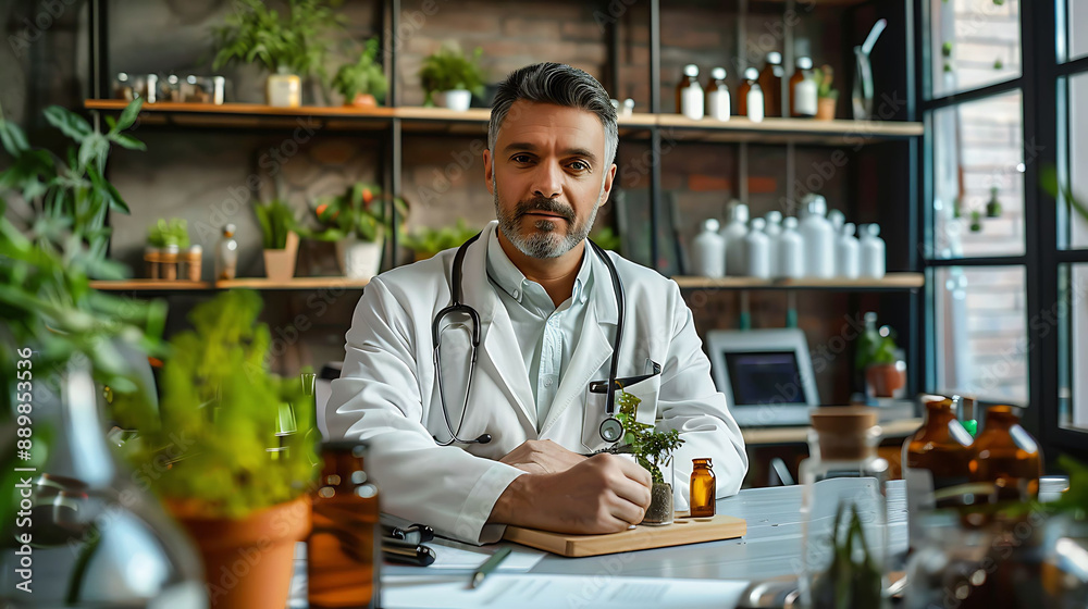 Male doctor Naturopathic Doctor using herbal medicine in a patient meeting Male doctor Naturopathic Doctor using herbal medicine in a patient meeting