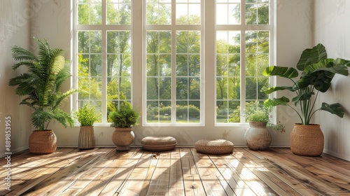 Sunlit Room with Plants and Large Windows