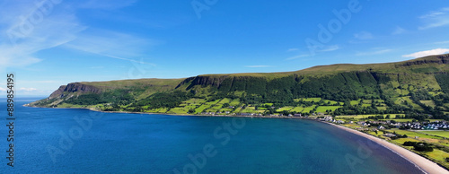 Panoramic aerial view of Glenariff Glen on the Irish Sea Co Antrim Northern Ireland on sunny day with a blue sky photo