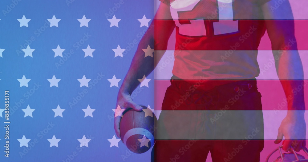 Naklejka premium Image of african american american football player with ball and flag of usa