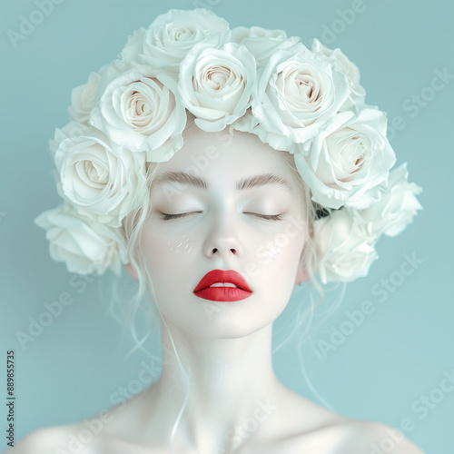 Serene woman with white rose headpiece and closed eyes © Jovial Joint