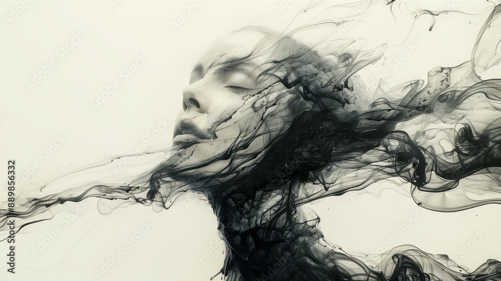 Ethereal Abstract Portrait of a Woman with Flowing Black Inks and Smoky Elements, Monochromatic Contemporary Digital Artwork Ethereal Abstract Portrait of a Woman with Flowing Black Inks and Smoky Elements, Monochromatic Contemporary Digital Artwork