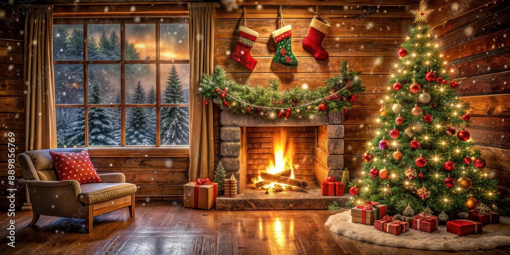 Fototapeta premium Cozy Christmas cabin with decorated tree, stockings by fireplace, snow falling outside warm holiday atmosphere , Cozy, Christmas