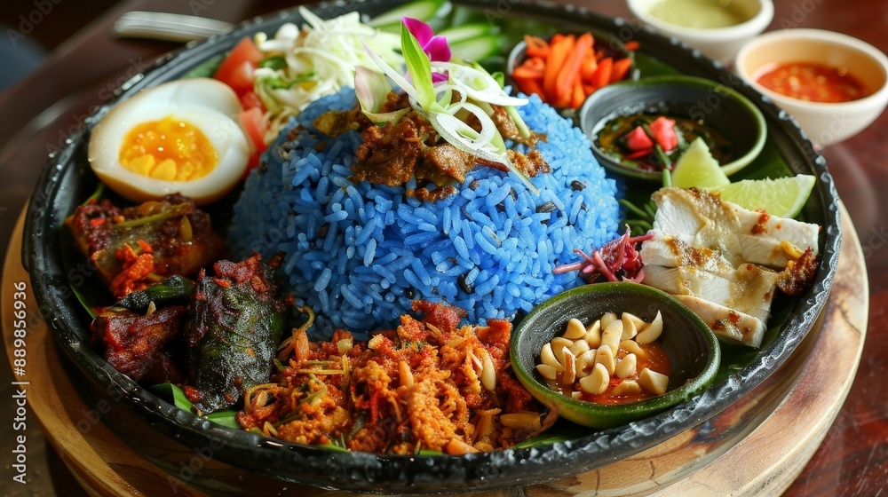 Nasi kerabu is a Malay rice dish featuring blue rice, served with herbs, vegetables, salted egg, and condiments like sambal and kerisik Nasi kerabu is a Malay rice dish featuring blue rice, served with herbs, vegetables, salted egg, and condiments like sambal and kerisik