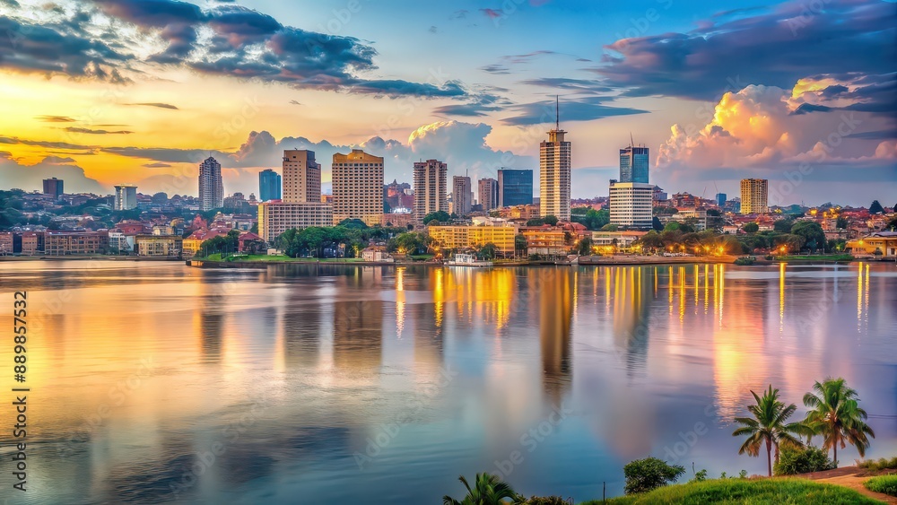 Fototapeta premium Panoramic view of Kampala city skyline over Lake Victoria at sunset , Africa, Uganda, urban, skyline, cityscape, buildings