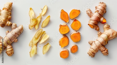 Ginger and turmeric roots on white background photo