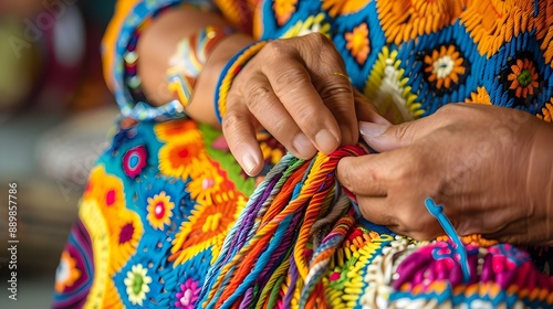 Colombian people making traditional Wayuu bags