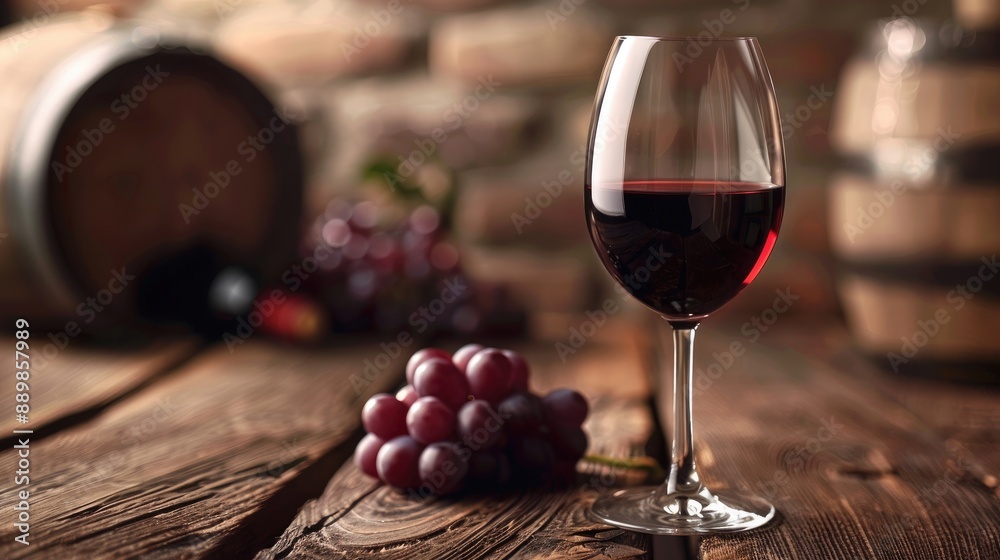 Glass of wine wooden table grapes in background Glass of wine wooden table grapes in background