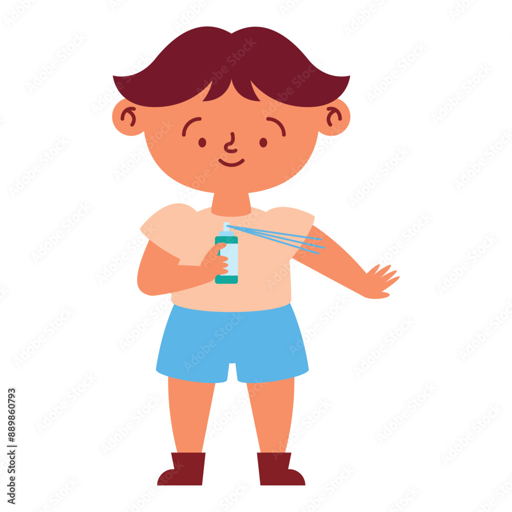 little boy applying insect repellent spray little boy applying insect repellent spray
