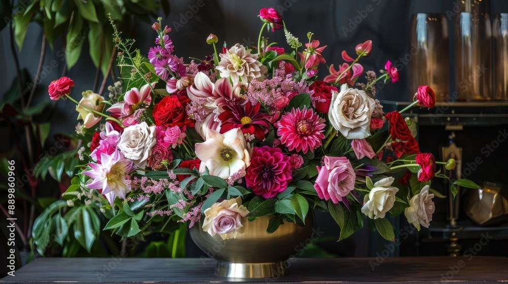 Elegant flower arrangement in a metallic vase with pink red and white flowers Elegant flower arrangement in a metallic vase with pink red and white flowers