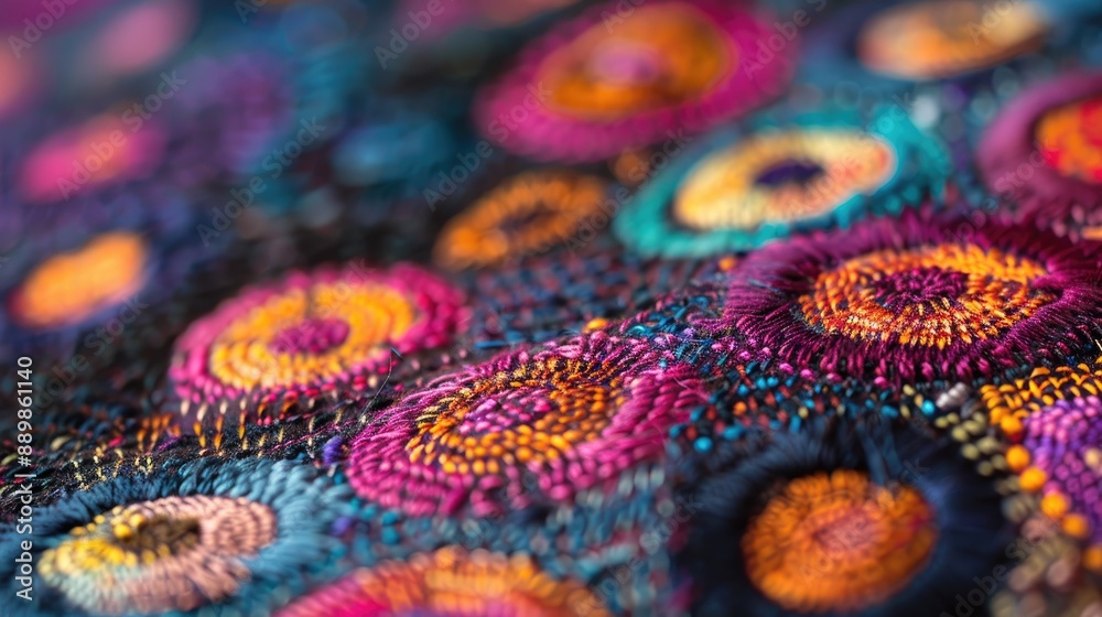 Embroidered fabric with bokeh circles emphasized Embroidered fabric with bokeh circles emphasized