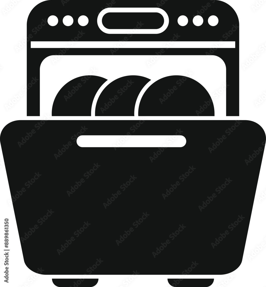 This simple icon depicts a dishwasher with its door open, revealing clean plates inside