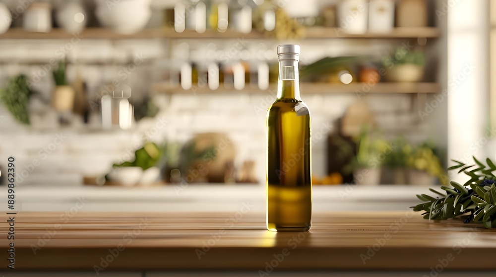 A bottle of olive oil sits on a kitchen counter, illuminated by natural light, with rows of bottles in the background A bottle of olive oil sits on a kitchen counter, illuminated by natural light, with rows of bottles in the background